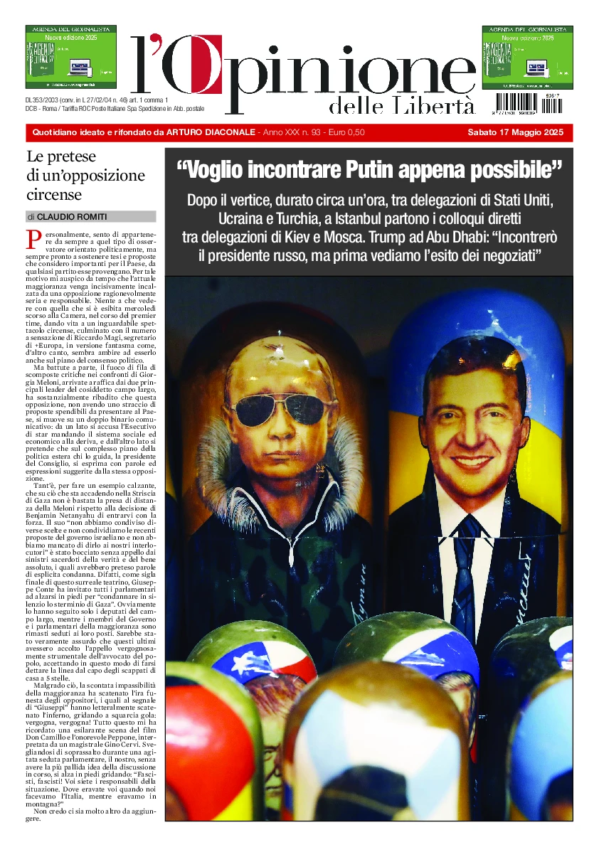 Prima-pagina-opinione della liberta-edizione-di-oggi-2025-05-19